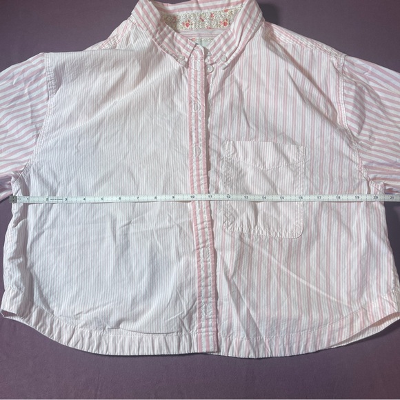 American Eagle Oversized Striped Button-Down Cropped Long Sleeve Pink - Small - Picture 5 of 9